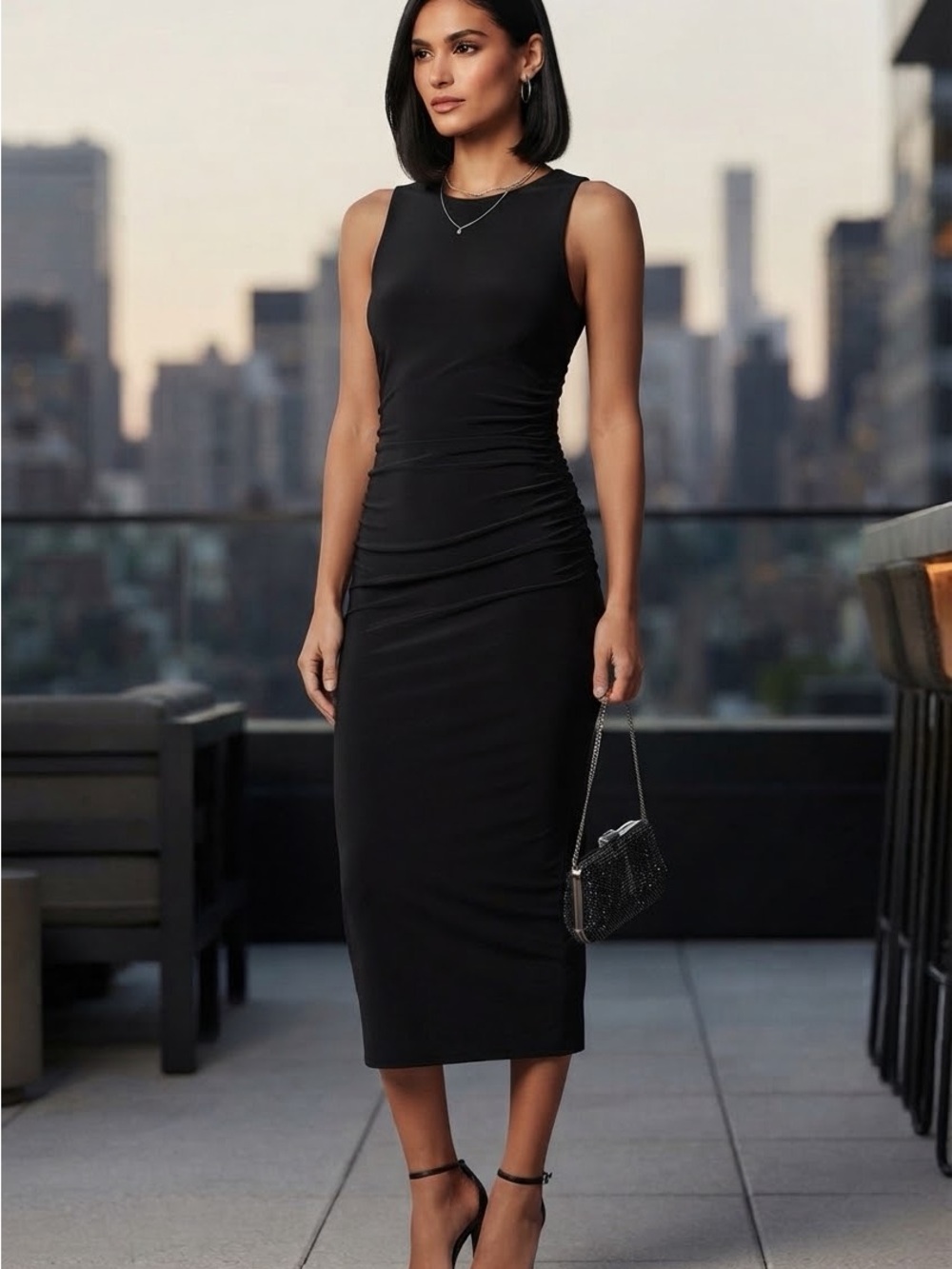 NWT Veronica Beard "Charissa" Black Ruched Sleeveless Midi Dress M MSRP $298